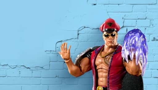 Image shows a Street Fighter action figure on a light blue brick background.