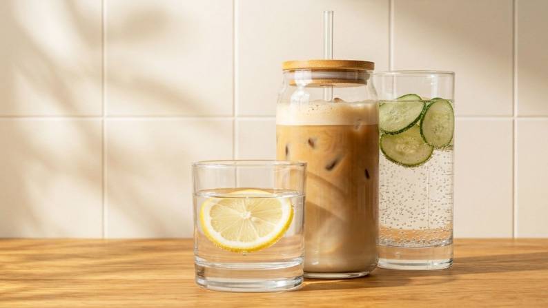 An iced coffee in a jar with a bamboo lid next to glasses of lemon and cucumber water. Reads: From nine ninety-seven. Everyday drinkware.