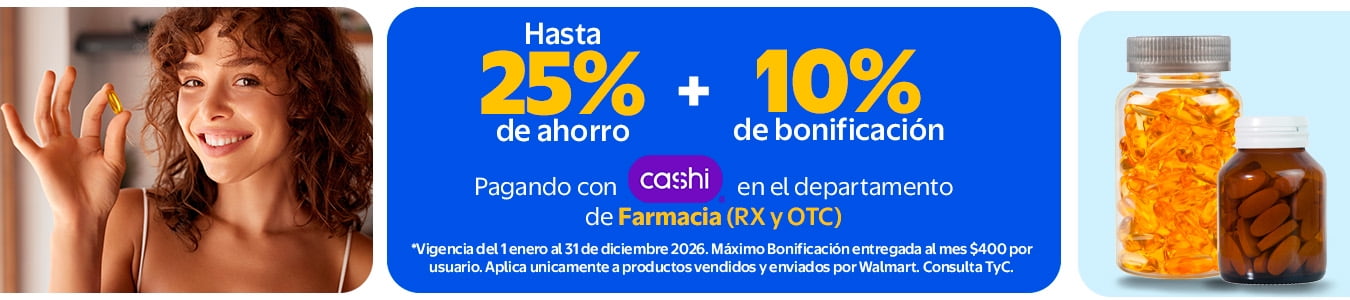 25% de ahorro + 10% de Bonificación Pagando con Cashi en el Departamento de farmacia (RX y OTC)