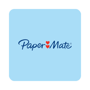 Image shows Paper Mate logo on a gradient background.