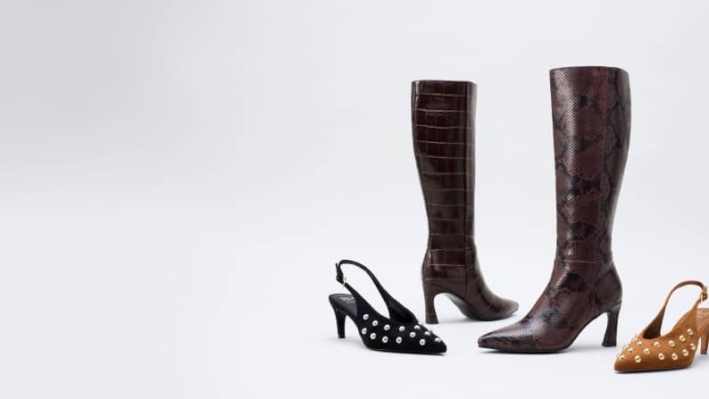 Two tall brown heeled boots with textured patterns and two studded slingback heels in black and tan.