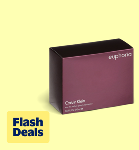 Image shows a sleek silver Calvin Klein Euphoria perfume bottle for women on a pale yellow background.