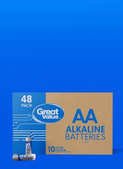 Image shows a forty-eight pack of Great Value double A Alkaline batteries.