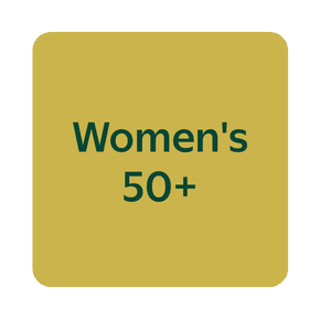 The words “Women's fifty plus” are against a mustard yellow square background.