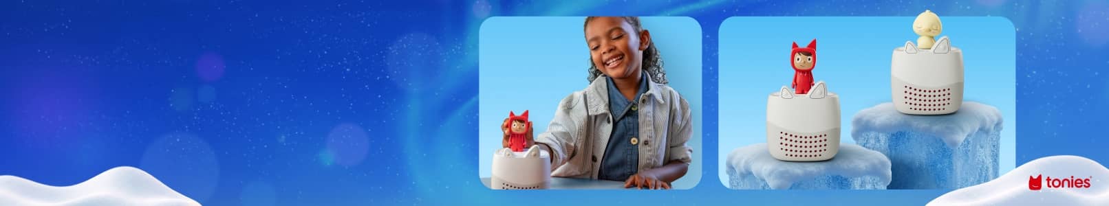 Tonies speakers with red and yellow audio figures, with a smiling child listening and playing.