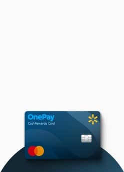 An image of a blue credit card on a blue background. Card says: OnePay CashRewards Card, with two orange circles, a yellow spark, and a silver chip.
