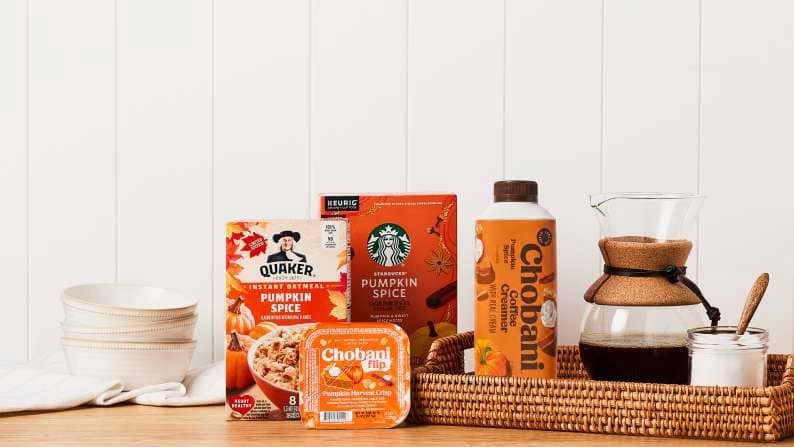 Quaker pumpkin spice instant oatmeal, Starbucks pumpkin spice K Cups, Chobani Flip pumpkin harvest crisp, and Chobani pumpkin spice coffee creamer.