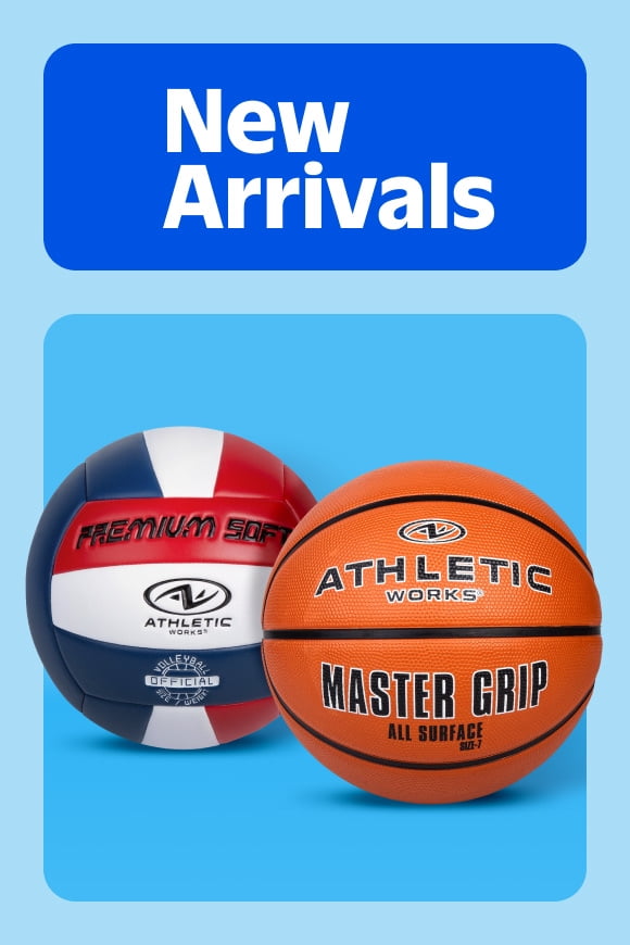 An Athletic Works orange basketball and volleyball in the colors red, white and blue are seen under the words: New Arrivals.