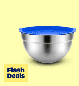 Image shows a silver Tinana stainless steel mixing bowl with a blue lid on a light yellow background.