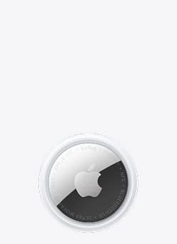 Apple AirTag tracking device with silver and black circular design and Apple logo centered on a plain background.