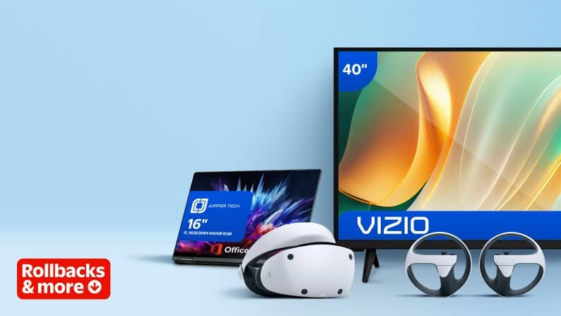 An image of a Jumper Tech screen, a PlayStation headset and controllers and a Vizio television.