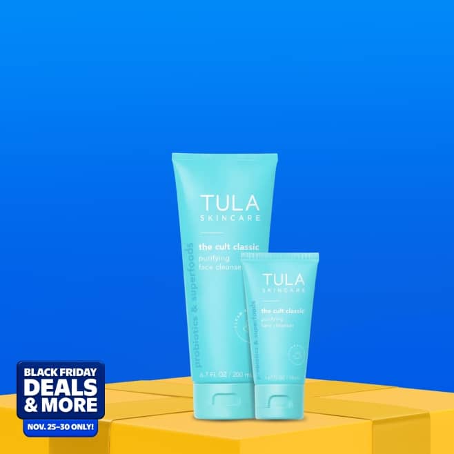 Black Friday Deals and more. Eleven twenty-five to thirty. Image shows a regular and travel size of Tula skincare cult classic cream.