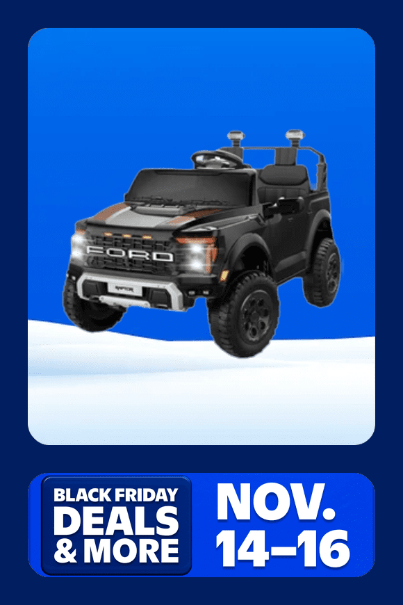 Image shows a black iYofe Ford F150 Raptor 24V kids' ride-on truck on a blue and white background.