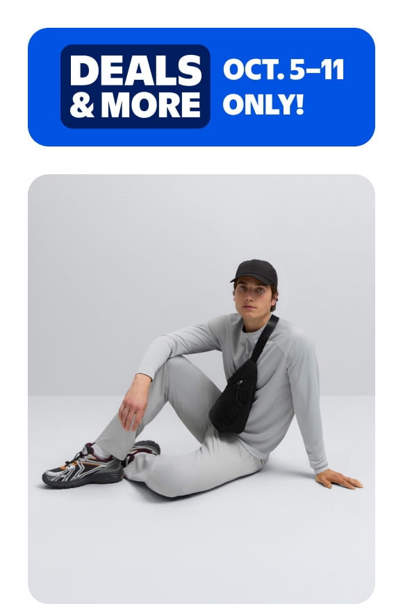 Deals and More badge, October five through eleven only. Adult in light gray outfit with black cap, crossbody bag and sneakers.