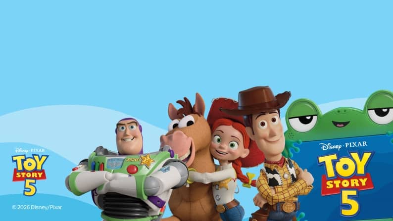 oy Story 5 logo. Buzz Lightyear, Jessie, Bullseye & Woody characters.