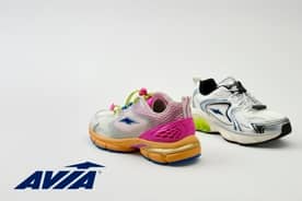 Two single Avia women’s gel bungee sneakers are shown against a white background. Avia logo is seen.