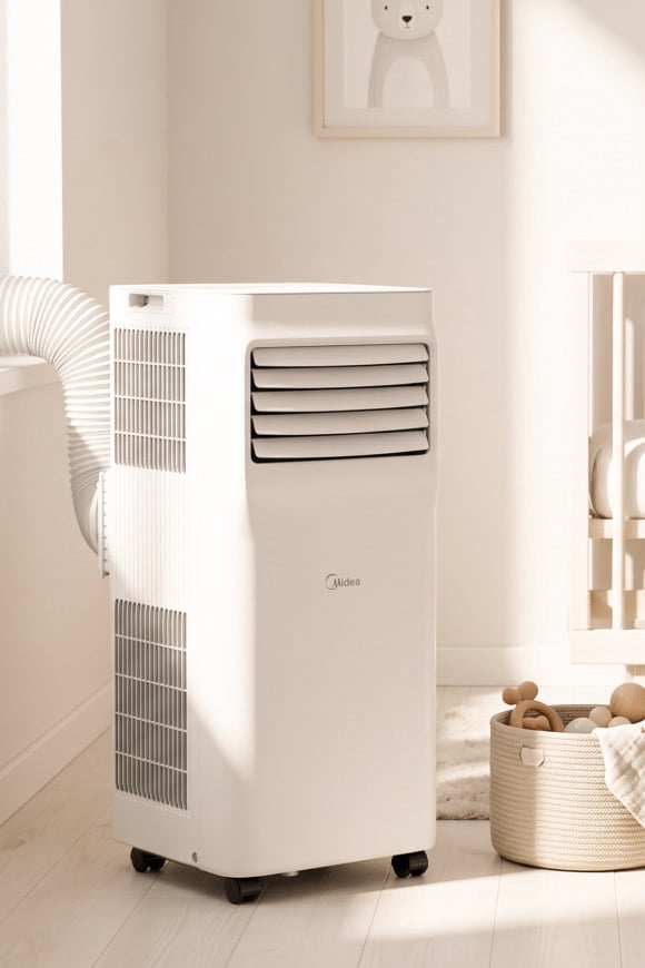 Midea portable air conditioner on a light floor with exhaust hose near a crib and toy basket in a softly lit nursery.