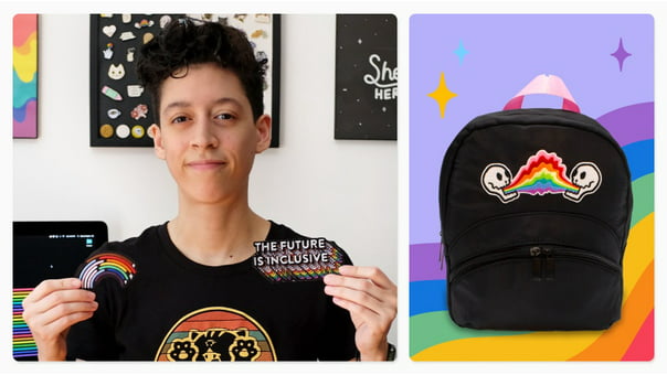 One image shows the founder holding two of their Pride patches. A black backpack with two skulls with an electrified-looking rainbow between them
