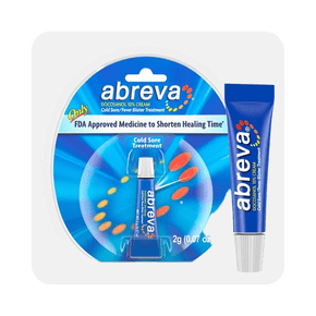 Image shows a packaged tube of Abreva cold sore treatment featuring a blue design and showcasing product details, set against a white background.