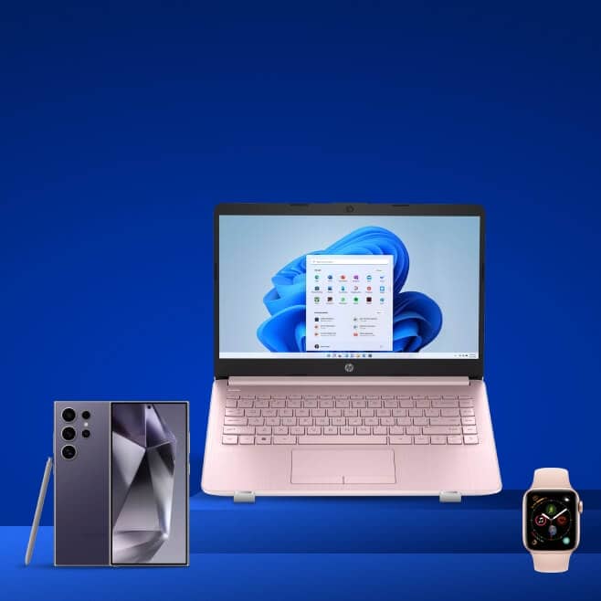 HP laptop, phone with stylus and smartwatch are shown.