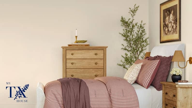 A cream bedroom with white headboard, red & white bedding, wooden nightstand, drawers and decor.
