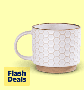 Flash deals. Image shows an off-white AmorArc ceramic coffee mug with textured patterns on a light yellow background.