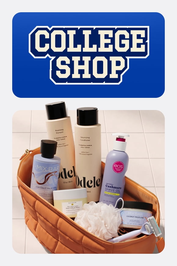 Top, College Shop, bottom, Mix Bar cream body wash, Odele shampoo and
conditioner, eos shave oil, naturium body butter, and Mix Bar sugar body scrub.