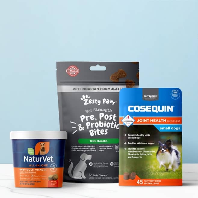 Image shows NaturVet, Zesty Paws, & Cosequin supplements.