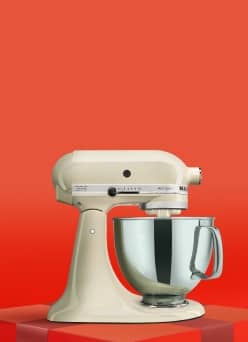 An image of a white KitchenAid standing mixer.