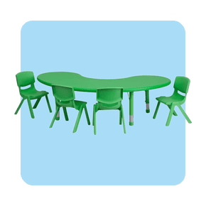 Image shows a green Flash Furniture half-moon activity table and chairs set, placed on a light blue background.