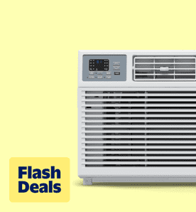 Flash deals. Image shows a white SimzLife window air conditioner with a smartphone app display, set against a yellow background.