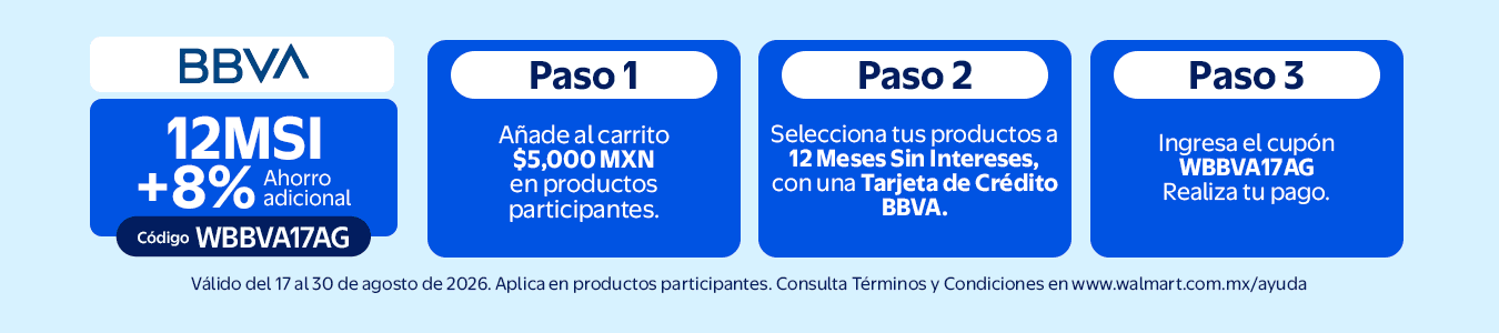 12MSI+8% BBVA Ahorro Adicional. Vigencia 17 al 30 de agosto. 1. Añade al carrito al menos $5,000 MXN en productos participantes. 2. Selecciona tus productos a 12 MSI, con Tarjeta de Crédito BBVA. 3. Coloca el cupón WBBVA17AG en tu carrito. Realiza tu pago.