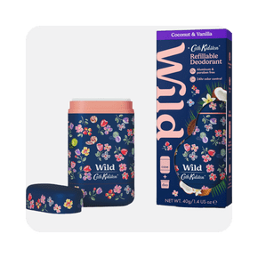 Image shows a Wild Cath Kidston Marble Ditsy refillable deodorant and packaging with floral design, on a white background.