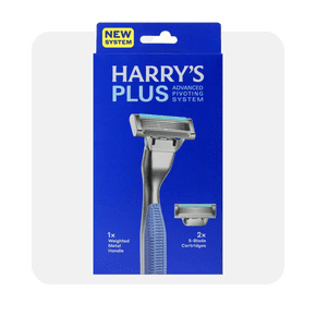 Harry's Plus men's razor comes with a weighted metal handle and two five-blade refills in sleek blue packaging.