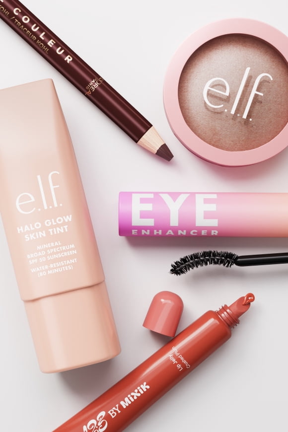 e.l.f., ColourPop, Eye Enhancer, and Mixik makeup with text: "New makeup has landed. The latest glam to swipe, line & love.