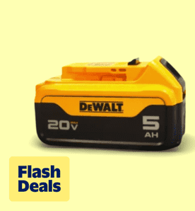 Flash deals. Image shows a yellow DeWalt 20V Max lithium-ion battery on a light yellow background.