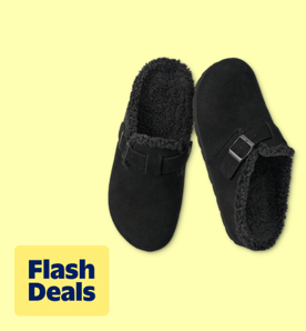 Flash Deals. Image shows black Ecetana fuzzy clogs on a yellow background.