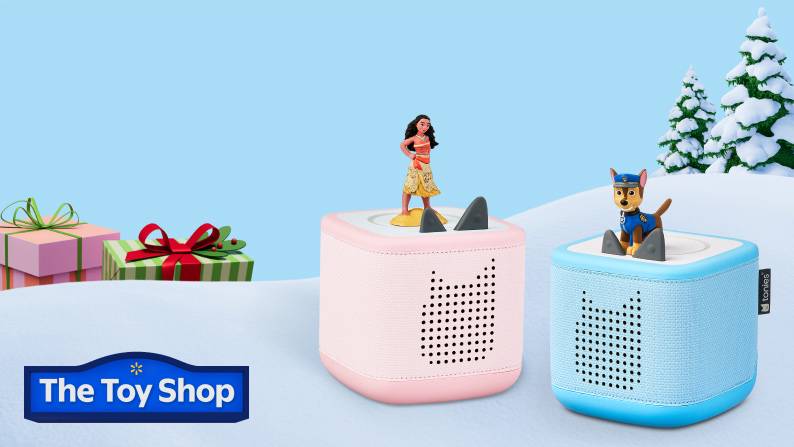 Pink Toniebox with Moana character and blue Toniebox with Bluey character. The Toy Shop