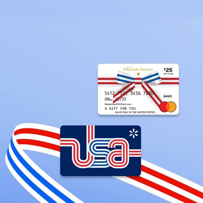Red, white and blue gift cards with a red, white and blue ribbon in the background.