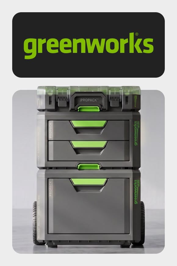 Greenworks logo. Greenworks ProPack toolbox with stack system.