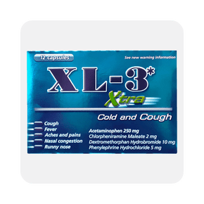 Xl-three extra cold and cough capsules (twelve-count) provide relief from cough, fever, aches, nasal congestion and runny nose.