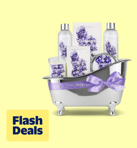 Image shows a lavender Body & Earth spa gift set in a silver mini tub on a yellow background.