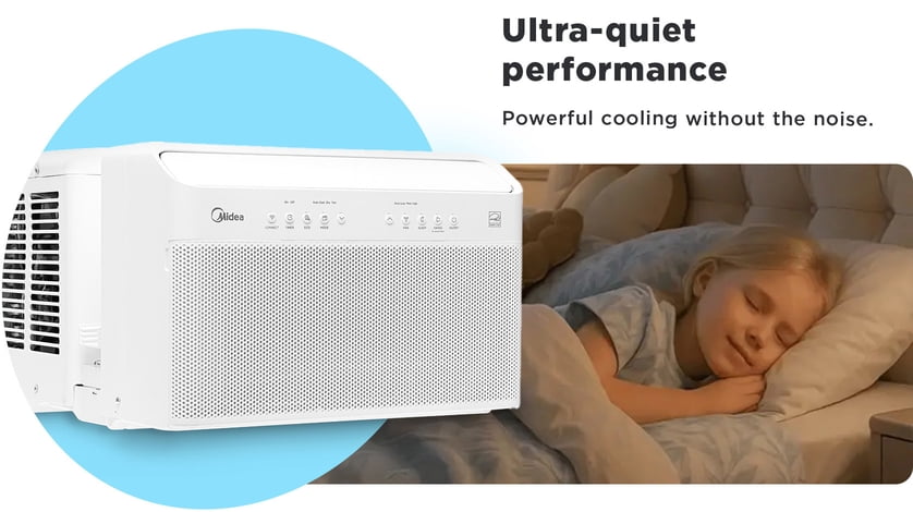 A young girl sleeps in comfort in one frame. The other frame is a product shot of an ultra-quiet Midea window air conditioner unit.