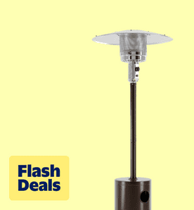 Image shows a brown Edx propane patio heater with a portable design on a light yellow background.