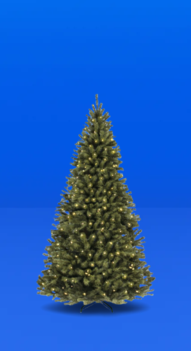 Image shows a green spruce Christmas tree by Best Choice Products with pre-lit lights on a blue background.