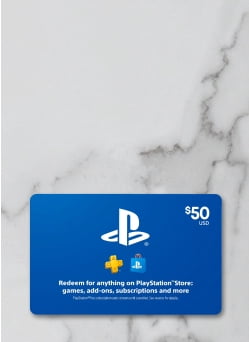 An image of a PlayStation gift card on a marble table.