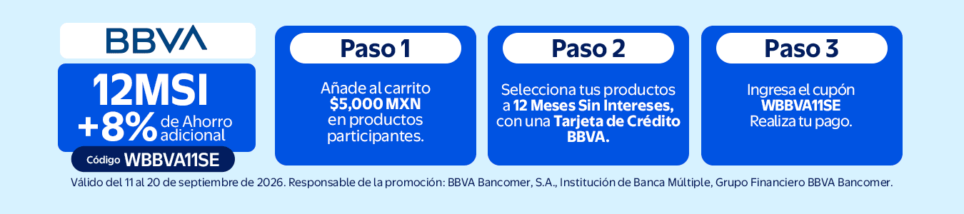 BBVA 12MSI+8% Ahorro Adicional. Vigencia 11 al 20 de septiembre. 1. Añade al carrito al menos $5,000 MXN en productos participantes. 2. Selecciona tus productos a 12 MSI, con una Tarjeta de Crédito BBVA. 3. Código WBBVA11SE en tu carrito. Realiza pago