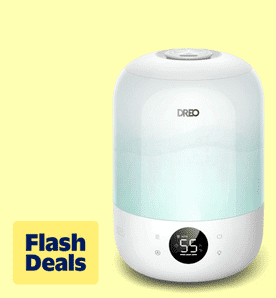 Image shows a white Dreo cool mist humidifier with a digital display on a pale yellow background.