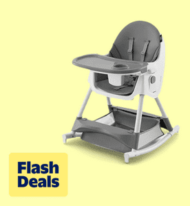 Image shows a gray Harppa four-in-one convertible high chair for babies and toddlers on a light yellow background.