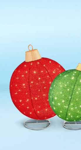 Image shows red and green lighted pop-up Christmas ornaments from Best Choice Products on a light blue background.